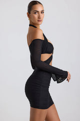 Off-Shoulder Ruched Cut-Out Mini Dress in Black