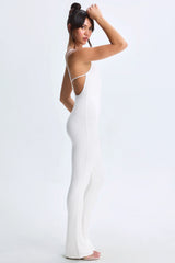 Plunge Open-Back Flared Jumpsuit in White