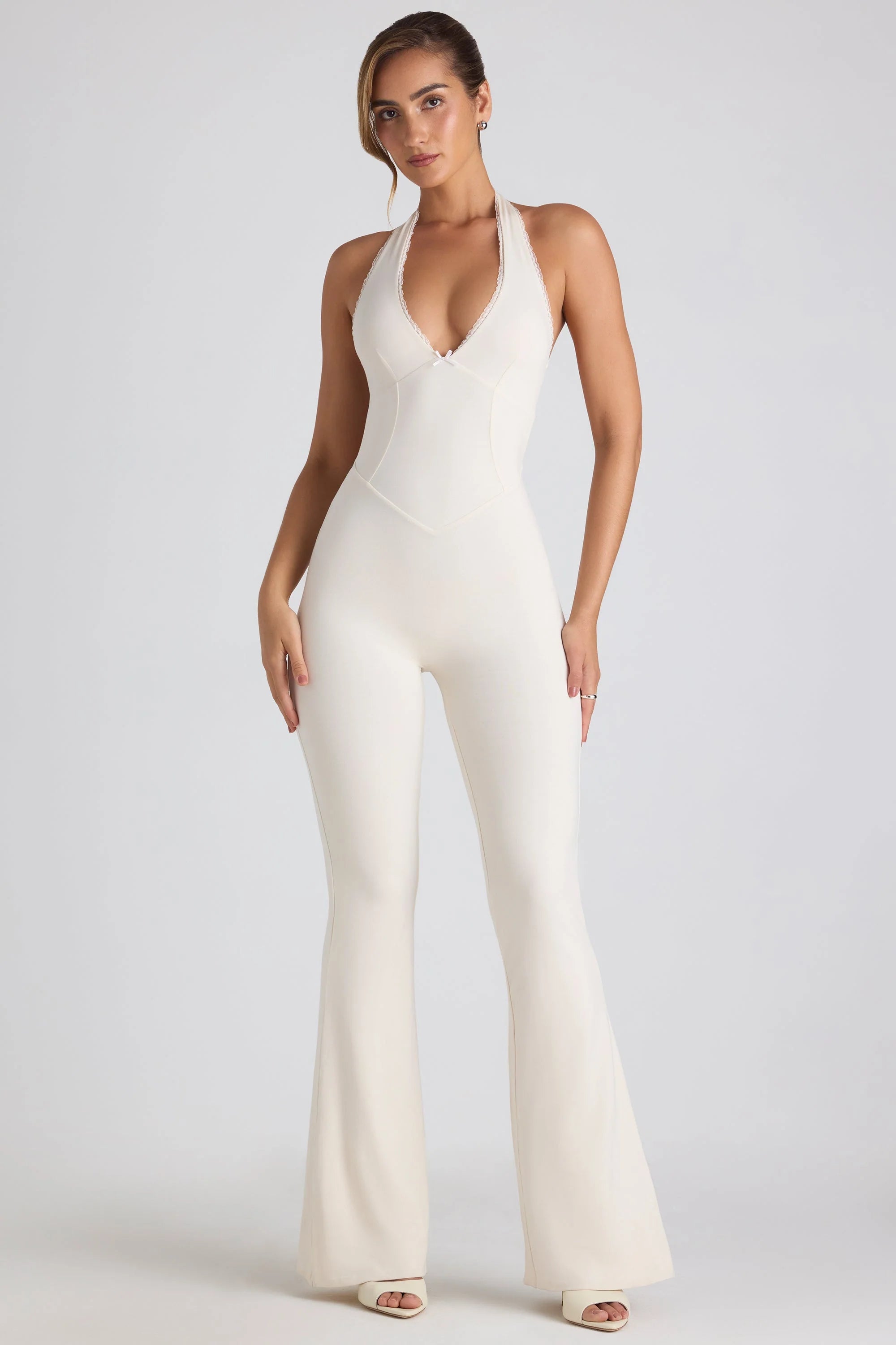 Modal Lace-Trim Cut-Out Flared Jumpsuit in Ivory