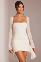 Long Sleeve Embellished Cowl Neck Mini Dress in White