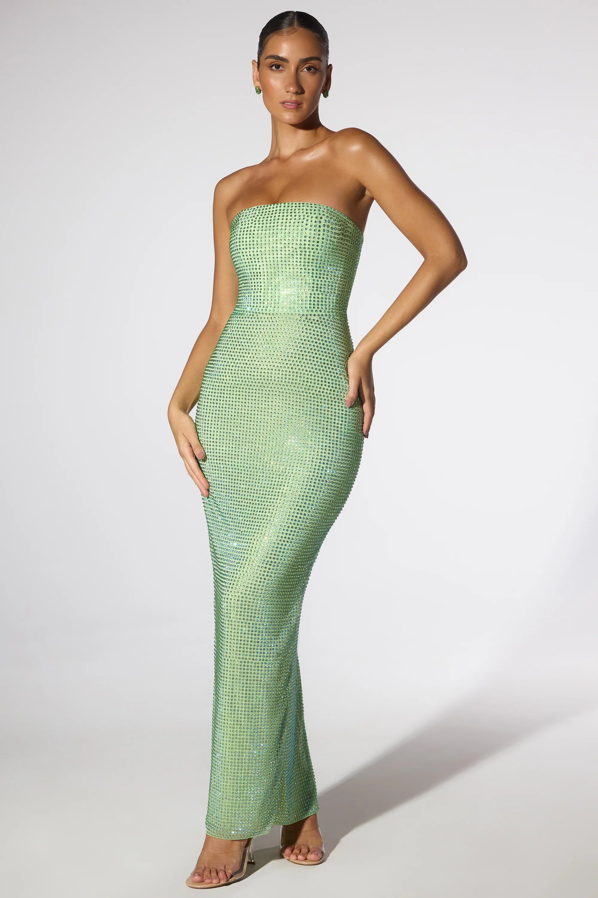 Embellished Strapless Evening Gown in Sage Green