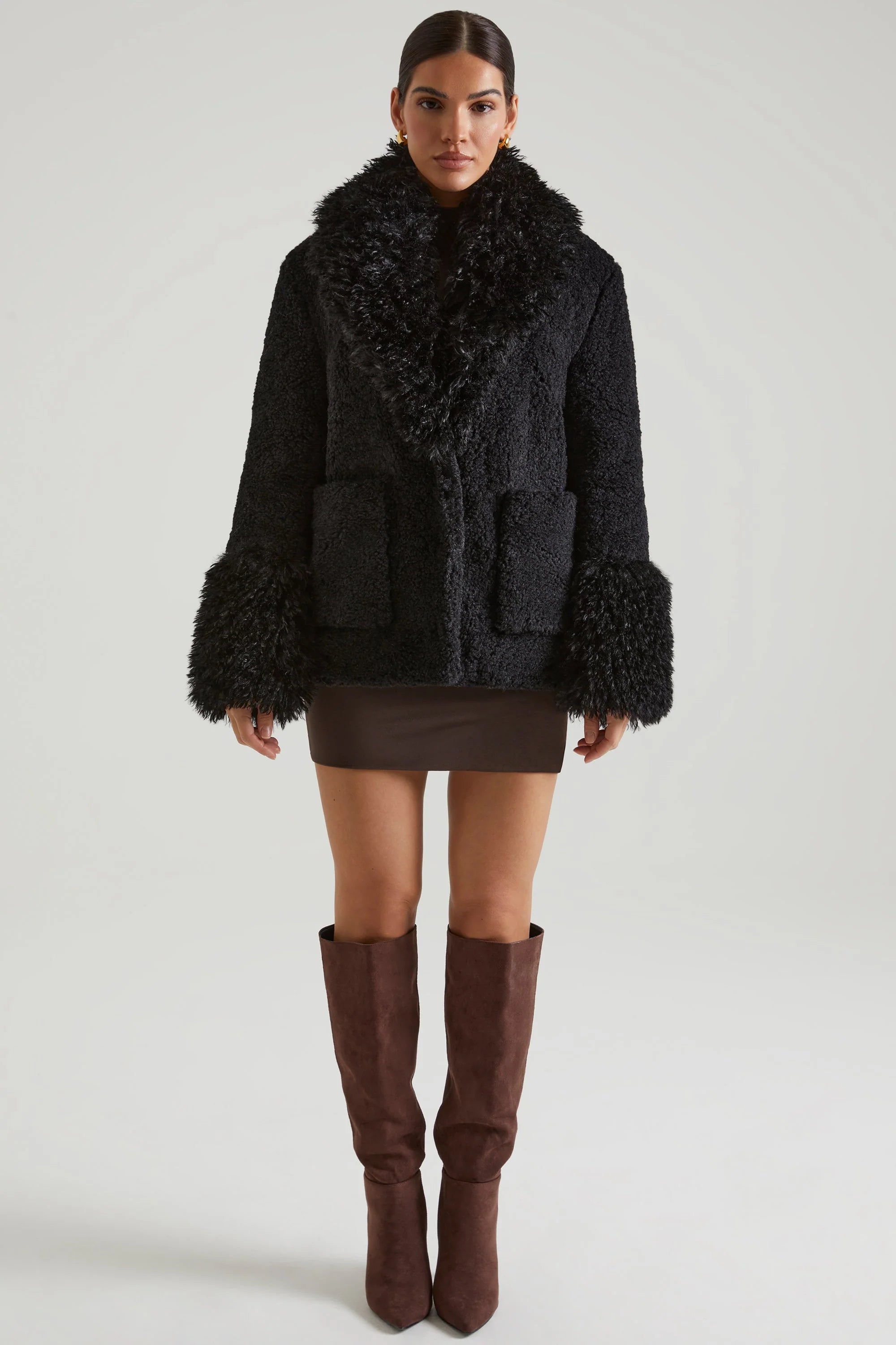 Shearling Coat with Large Front Pockets in Black